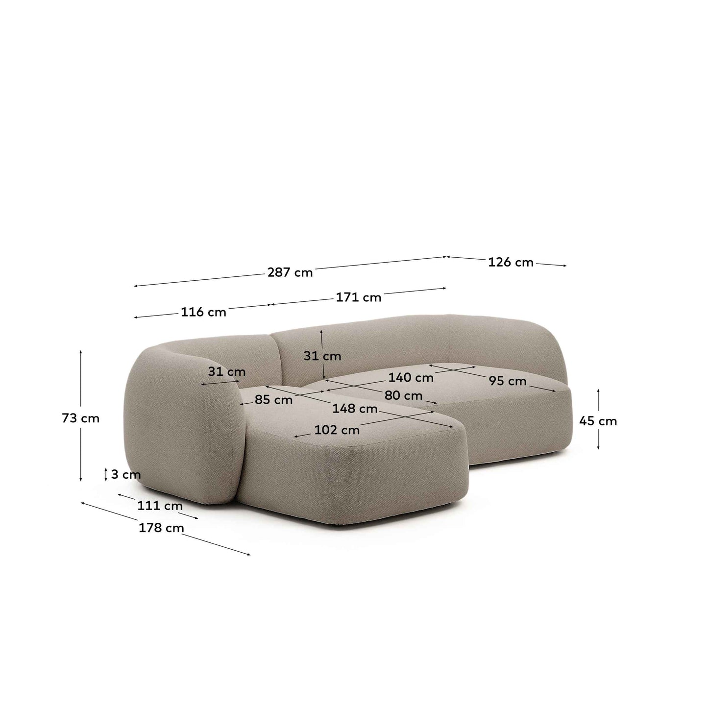 Divano modulare Martina 3 posti in ciniglia color pietra con chaise longue sinistra 287 cm