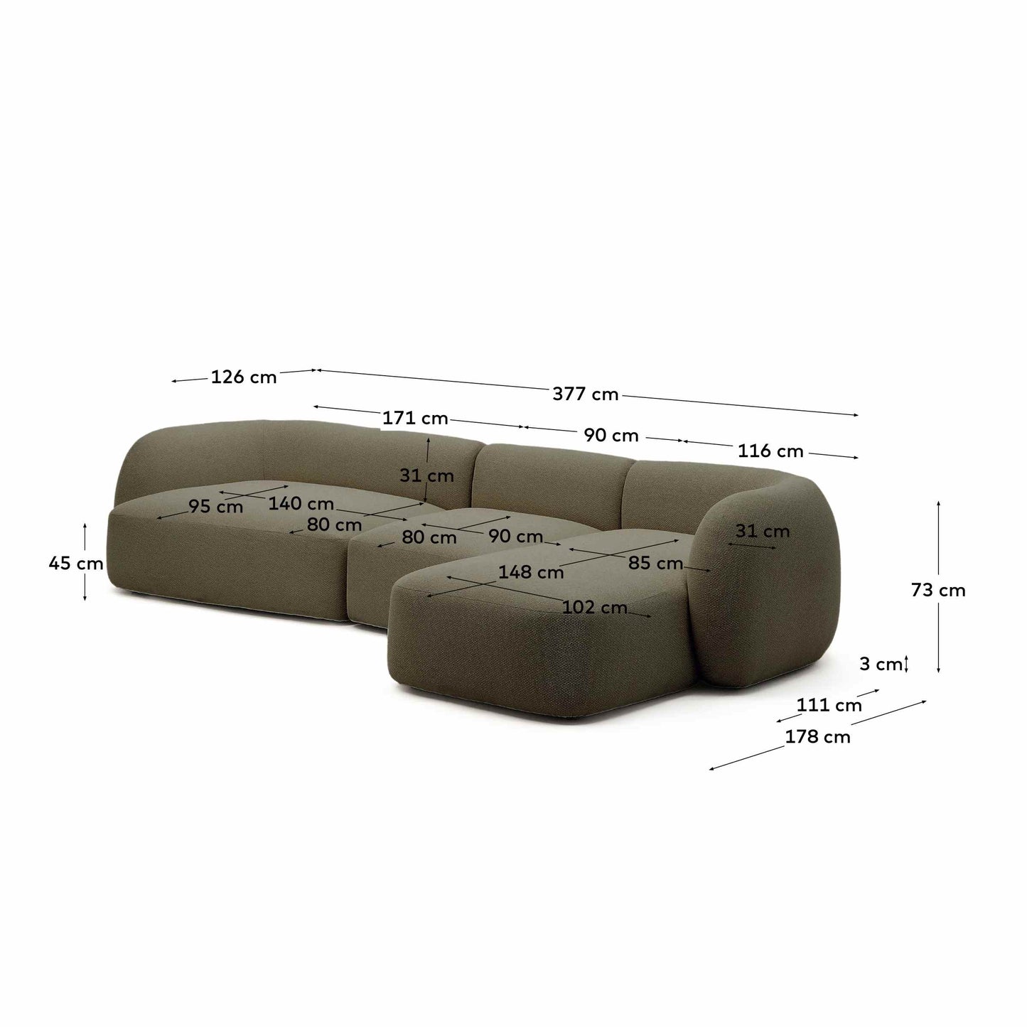 Divano modulare Martina 4 posti in ciniglia con chaise longue destra verde 377 cm