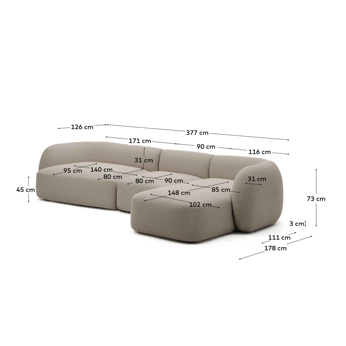 Divano modulare Martina a 4 posti in ciniglia con chaise longue destra color pietra 377 cm