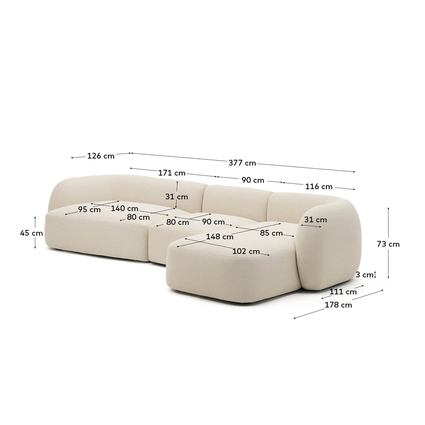 Divano modulare Martina 4 posti con chaise longue a destra ciniglia écru 377 cm