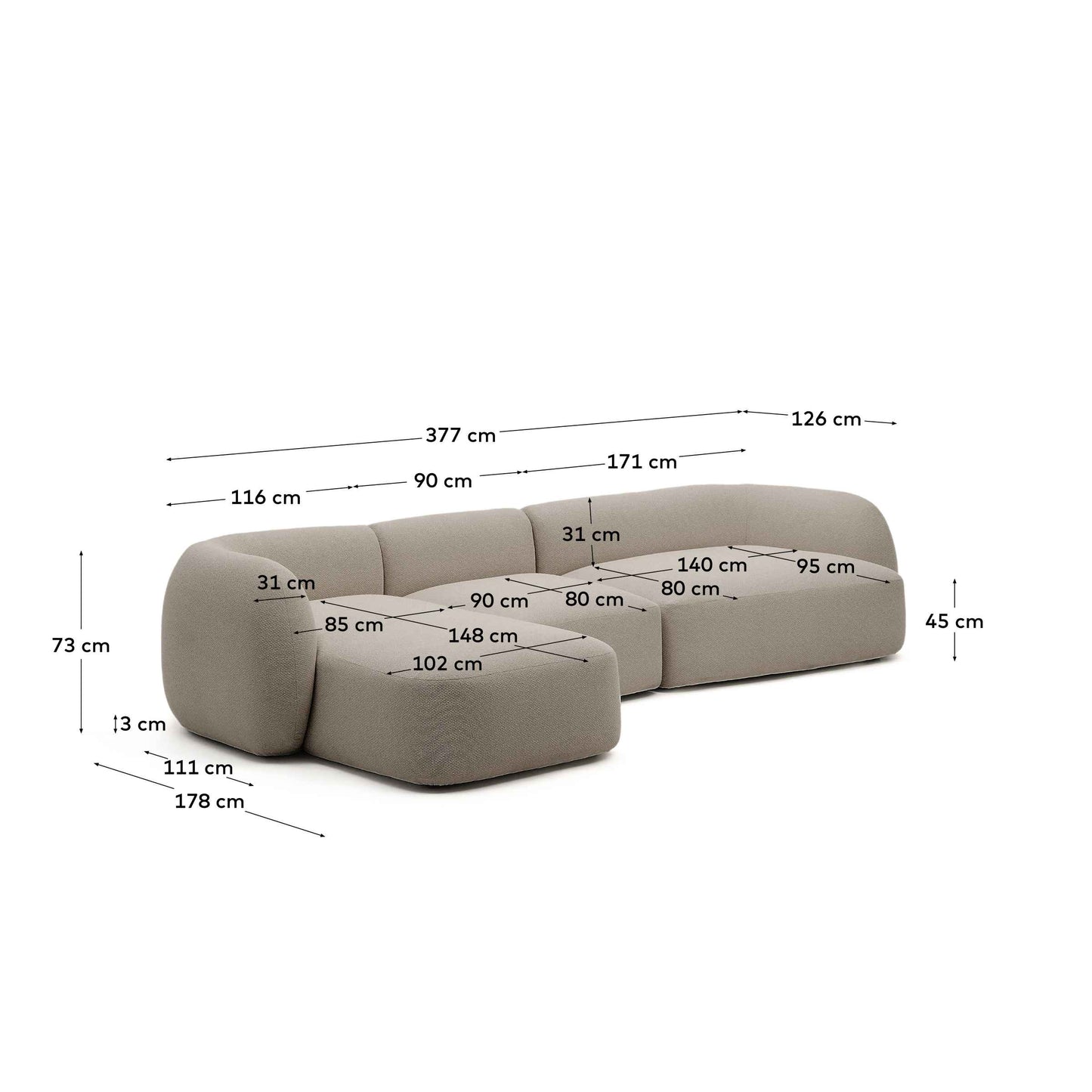 Divano modulare Martina a 4 posti in ciniglia con chaise longue sinistra color pietra 377 cm