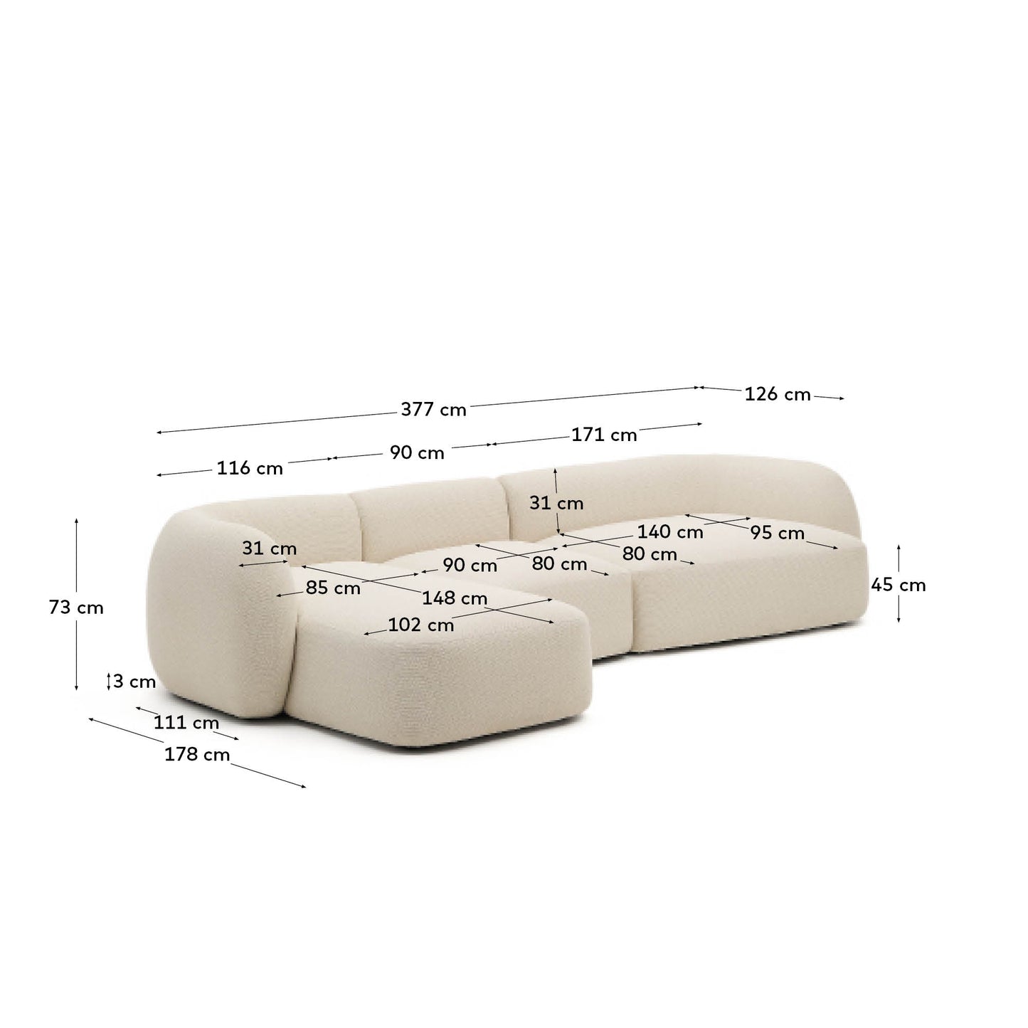 Divano modulare Martina 4 posti con chaise longue a sinistra ciniglia écru 377 cm