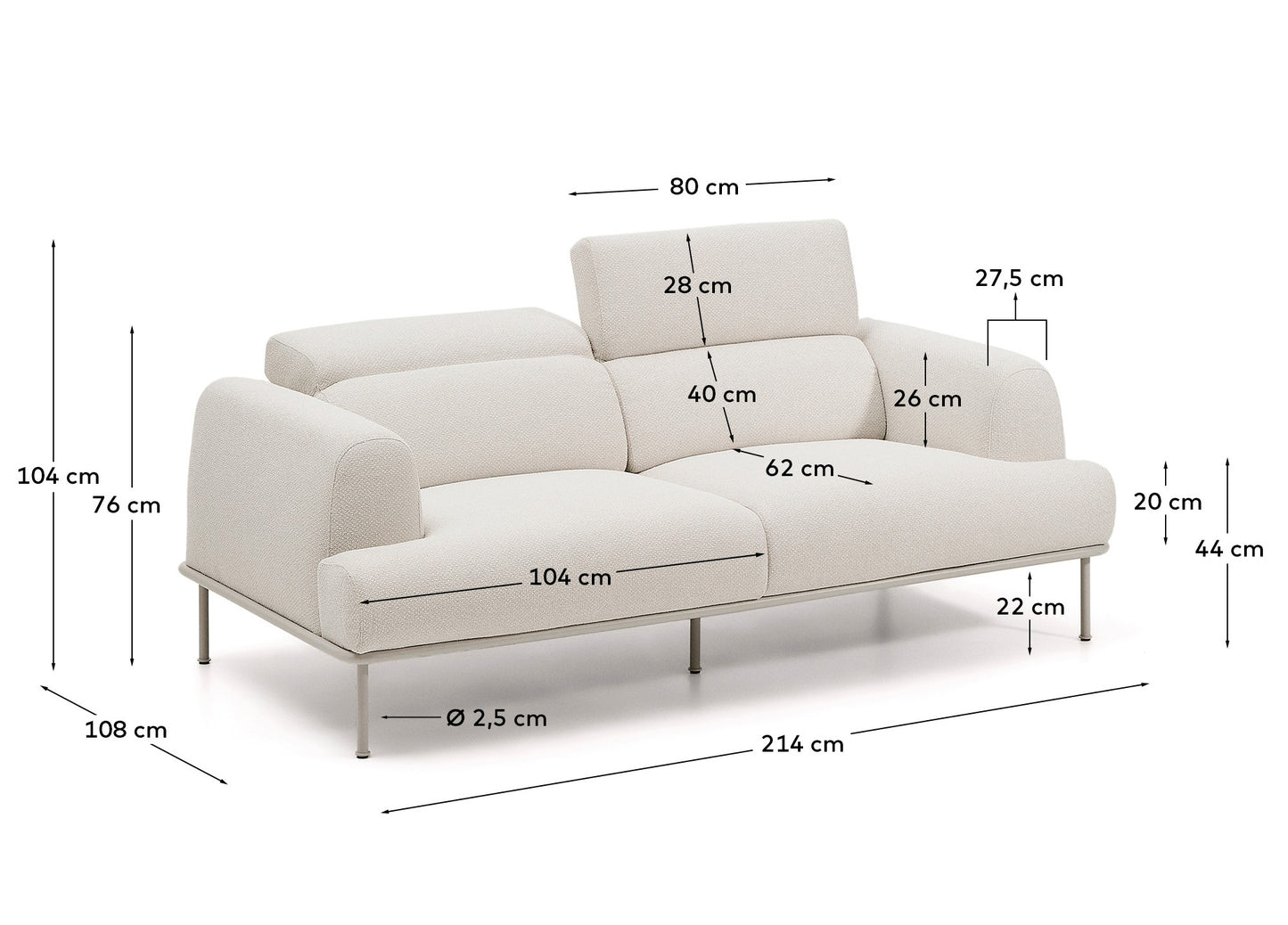 Divano Aurum 2 posti in ciniglia écru con testiera reclinabile e base in metallo beige opaco 214 cm