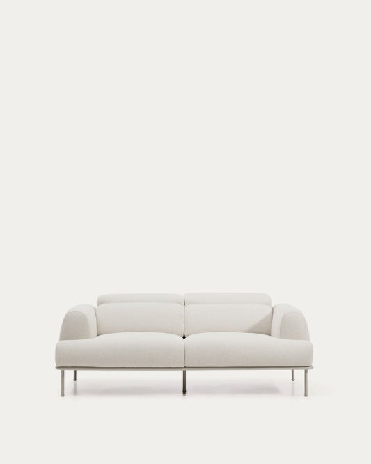 Divano Aurum 2 posti in ciniglia écru con testiera reclinabile e base in metallo beige opaco 214 cm