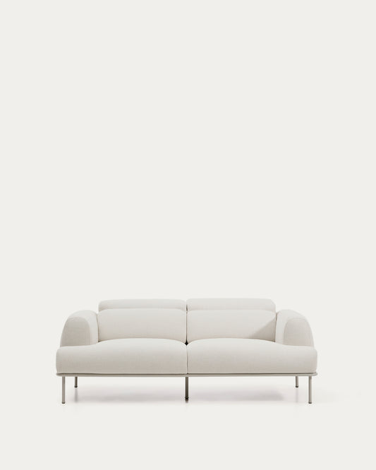 Divano Aurum 2 posti in ciniglia écru con testiera reclinabile e base in metallo beige opaco 214 cm