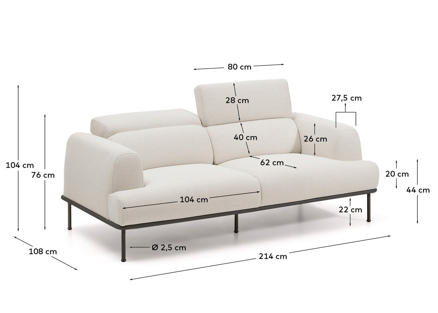 Divano Aurum 2 posti in ciniglia écru con testiera reclinabile e base in metallo grigio opaco 214 cm