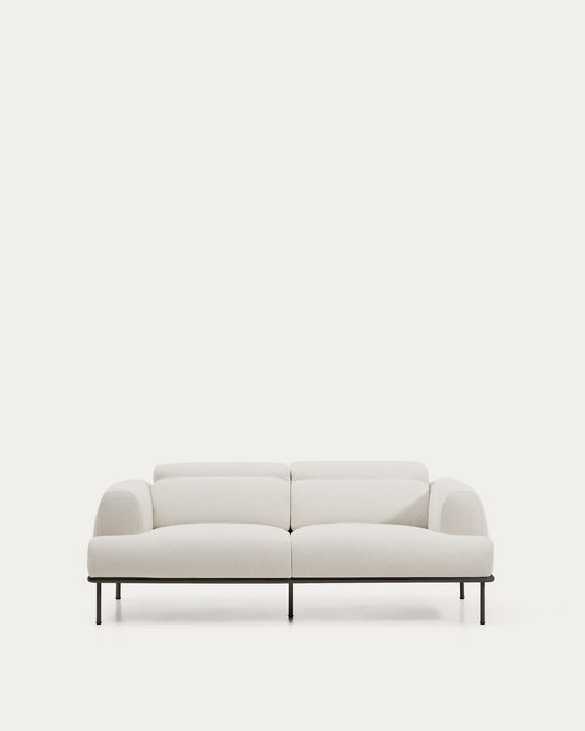 Divano Aurum 2 posti in ciniglia écru con testiera reclinabile e base in metallo grigio opaco 214 cm