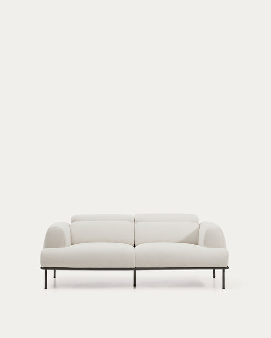 Divano Aurum 2 posti in ciniglia écru con testiera reclinabile e base in metallo grigio opaco 214 cm