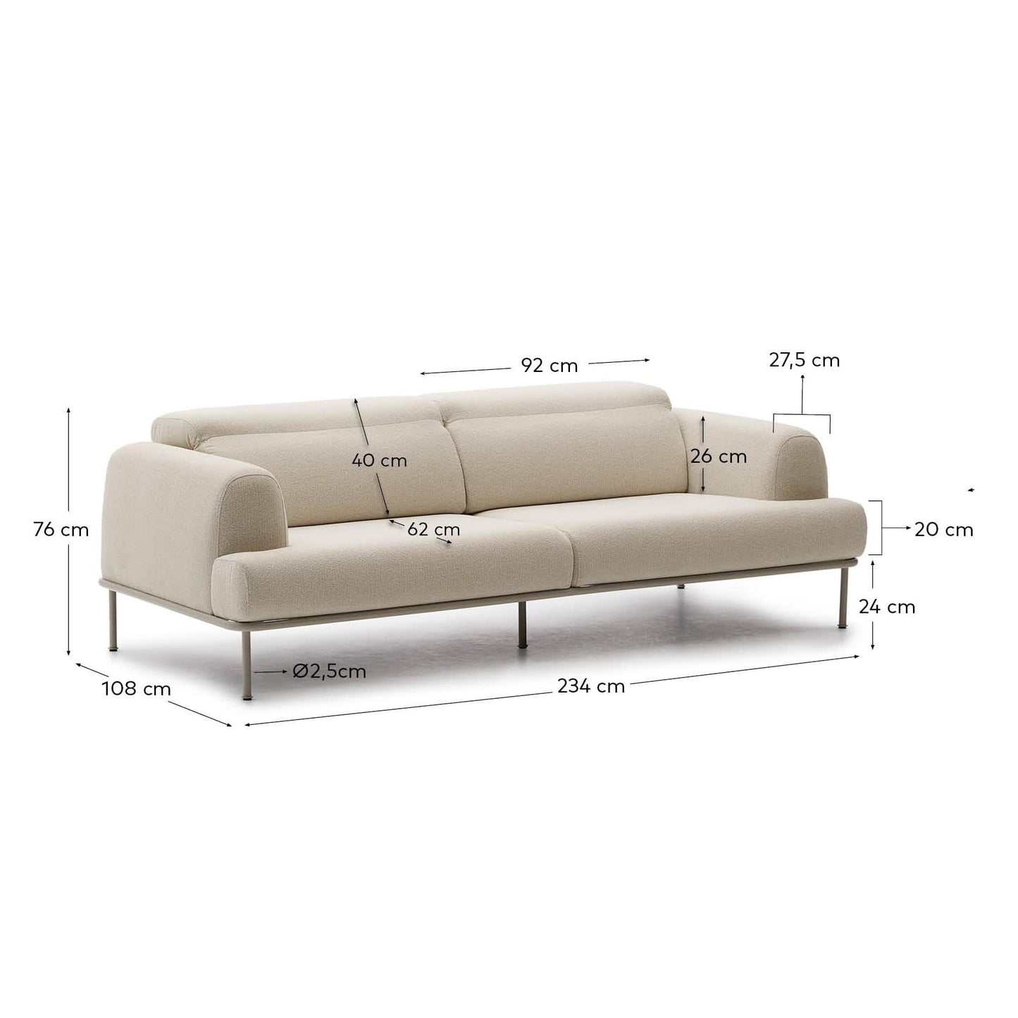 Divano Aurum a 3 posti con poggiatesta reclinabile e base in metallo beige opaco 234 cm
