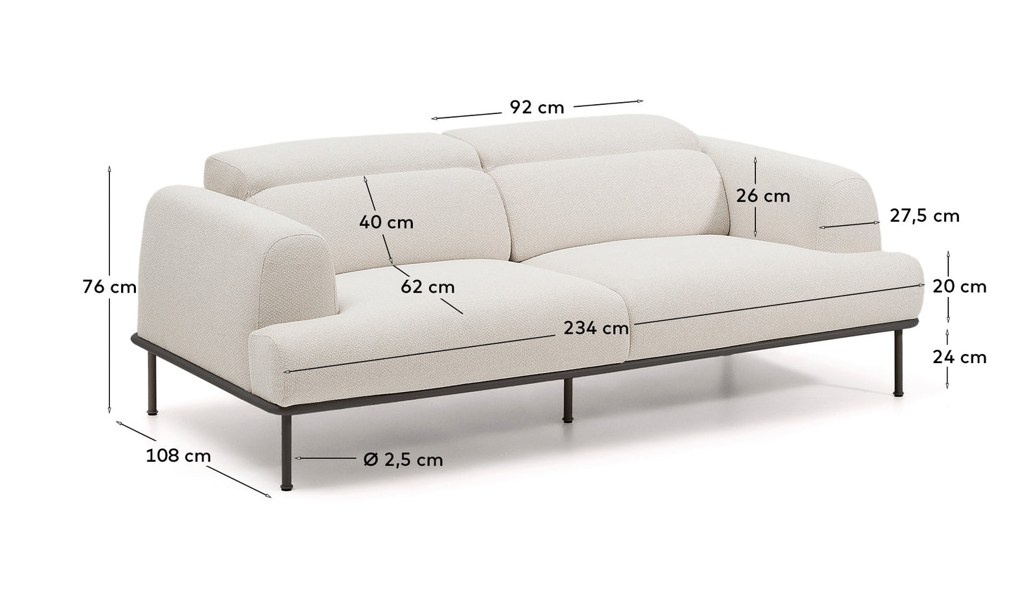 Divano Aurum a 3 posti con poggiatesta reclinabile e base in metallo grigio opaco 234 cm