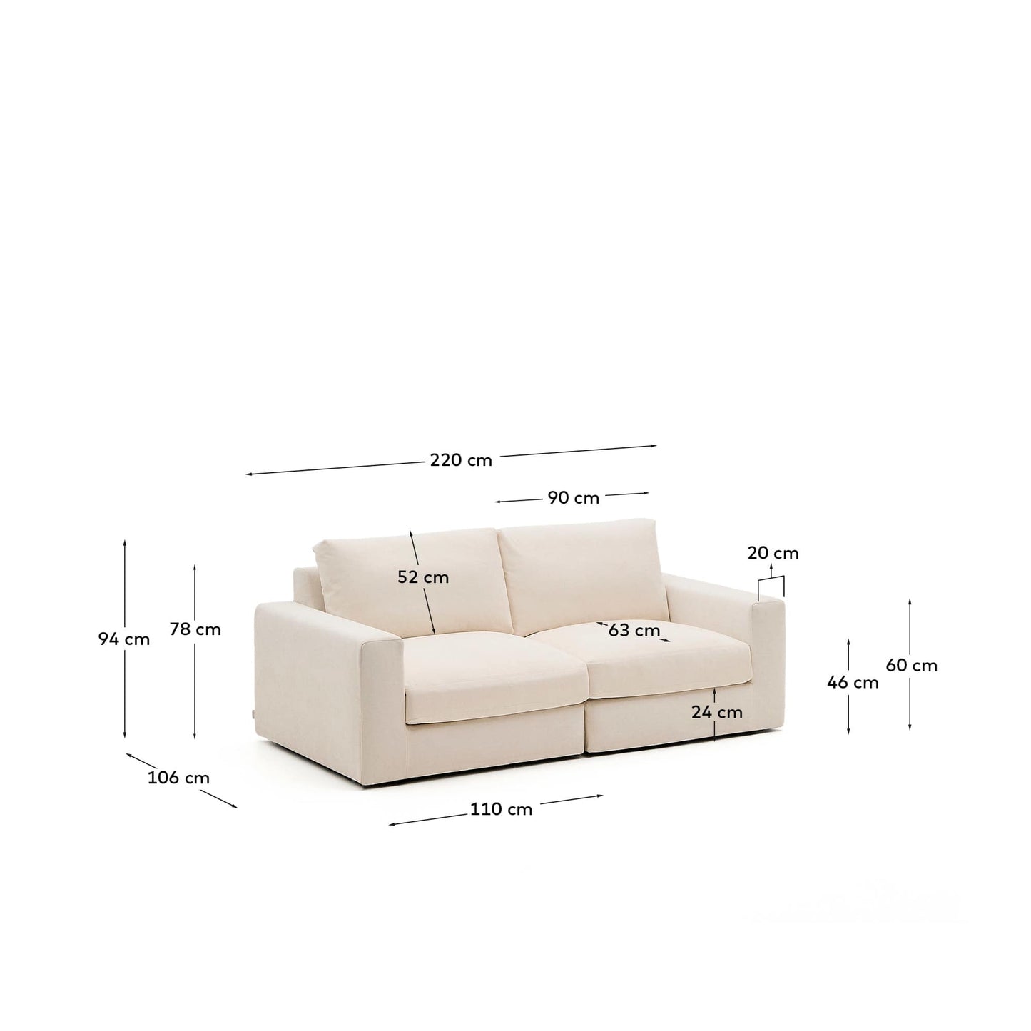 Divano modulare Alea 3 posti sfoderabile in ciniglia beige 220 cm