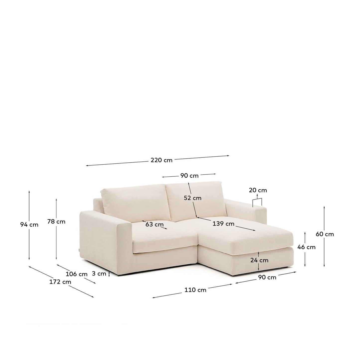 Divano modulare Alea 3 posti sfoderabile in ciniglia chaise longue destra beige 220 cm