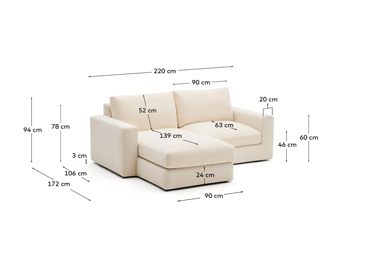 Divano modulare sfoderabile Alea 3 posti in ciniglia chaise longue sinistra écru 220 cm