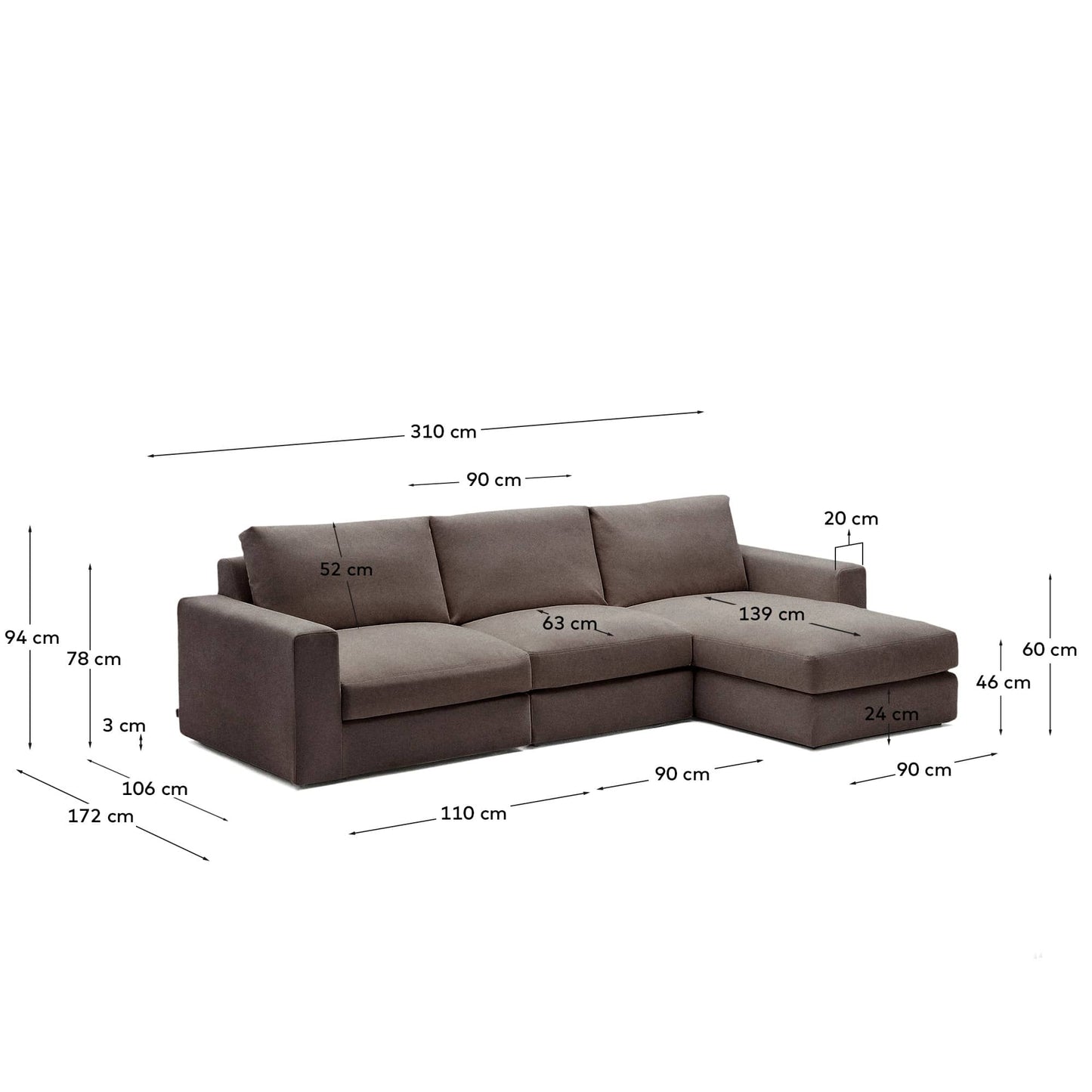 Divano modulare Alea 4 posti sfoderabile in ciniglia chaise longue destra marrone scuro 310 cm
