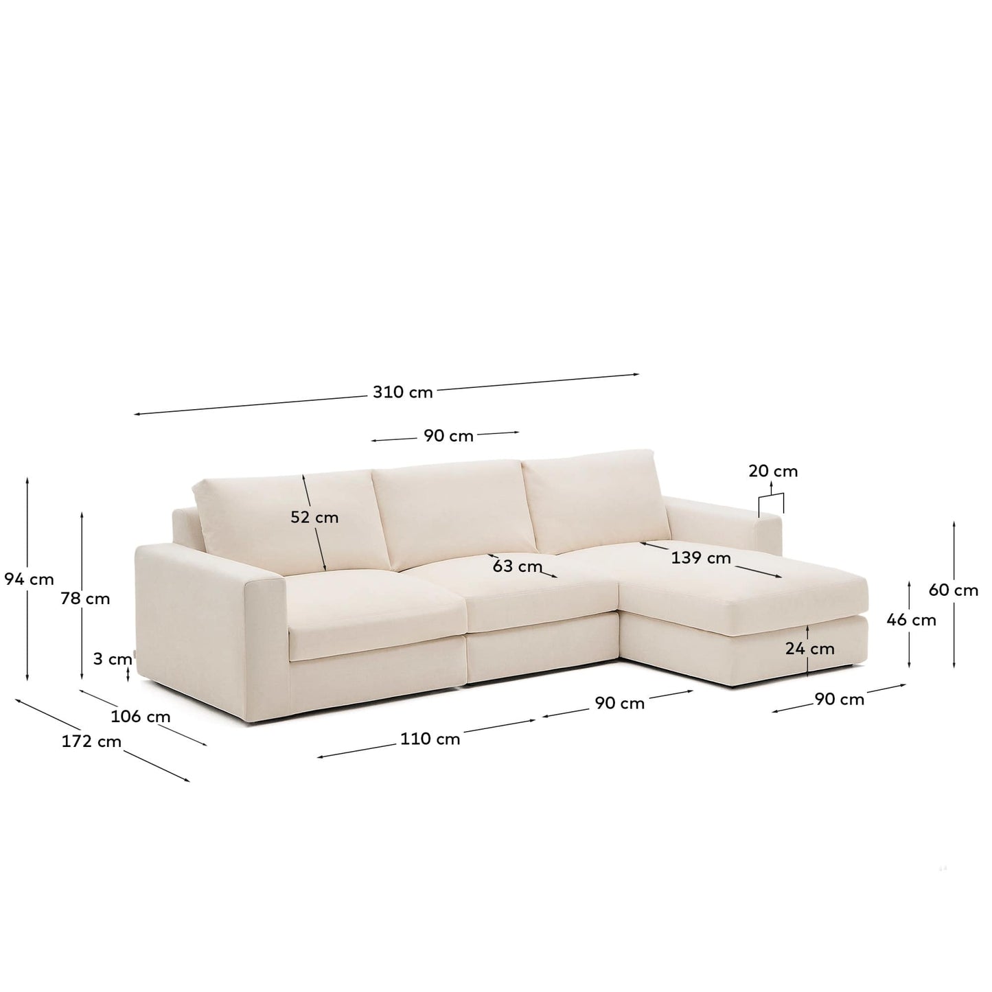 Divano modulare Alea 4 posti sfoderabile in ciniglia chaise longue destra beige 310 cm