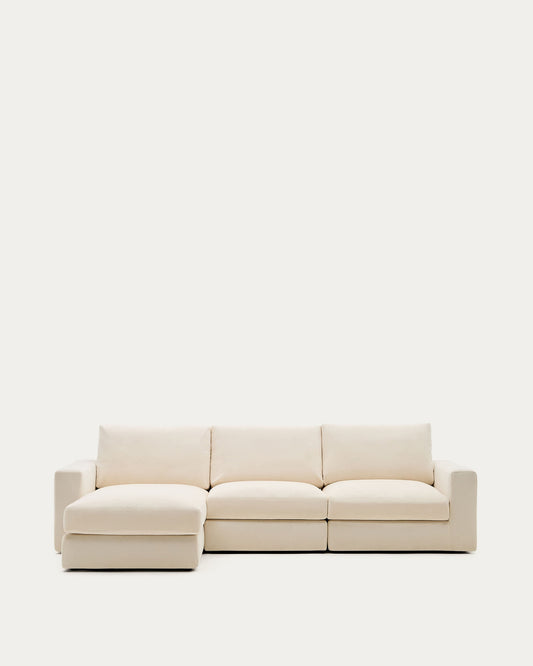 Divano modulare Alea 4 posti sfoderabile in ciniglia chaise longue sinistra écru 310 cm