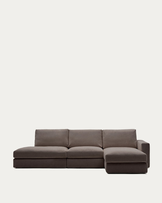 Divano modulare Alea 5 posti sfoderabile in ciniglia marrone scuro con chaise longue destra 340 cm