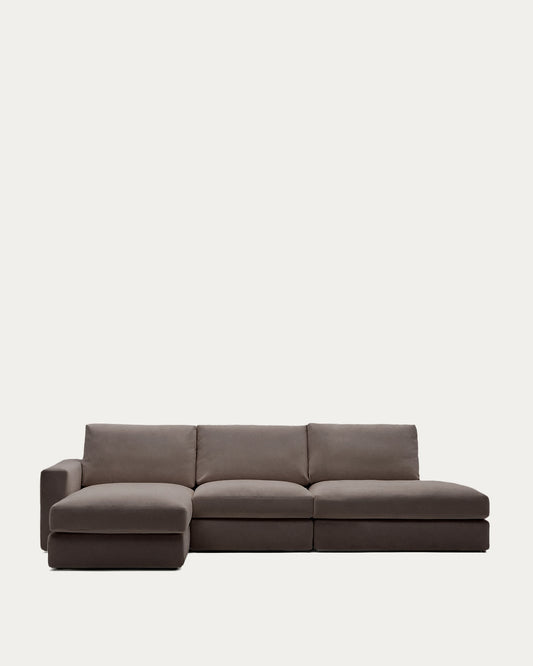 Divano modulare Alea 5 posti sfoderabile in ciniglia marrone scuro con chaise longue sinistra 340 cm