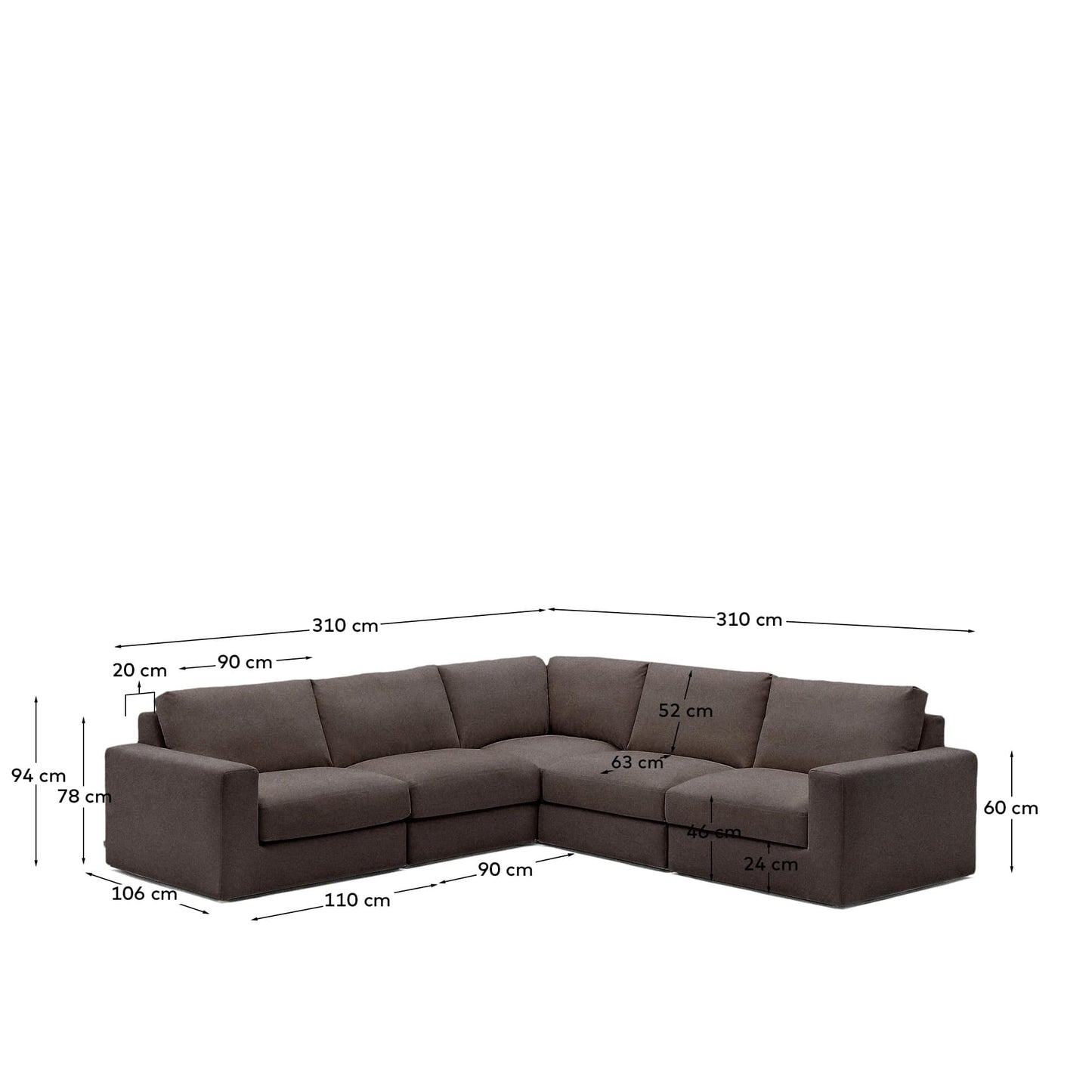 Divano angolare modulare Alea 5 posti sfoderabile in ciniglia marrone scuro 310 x 310 cm