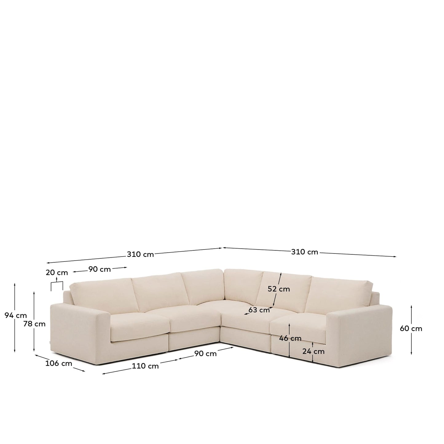 Divano angolare modulare Alea 5 posti sfoderabile in ciniglia beige 310 x 310 cm