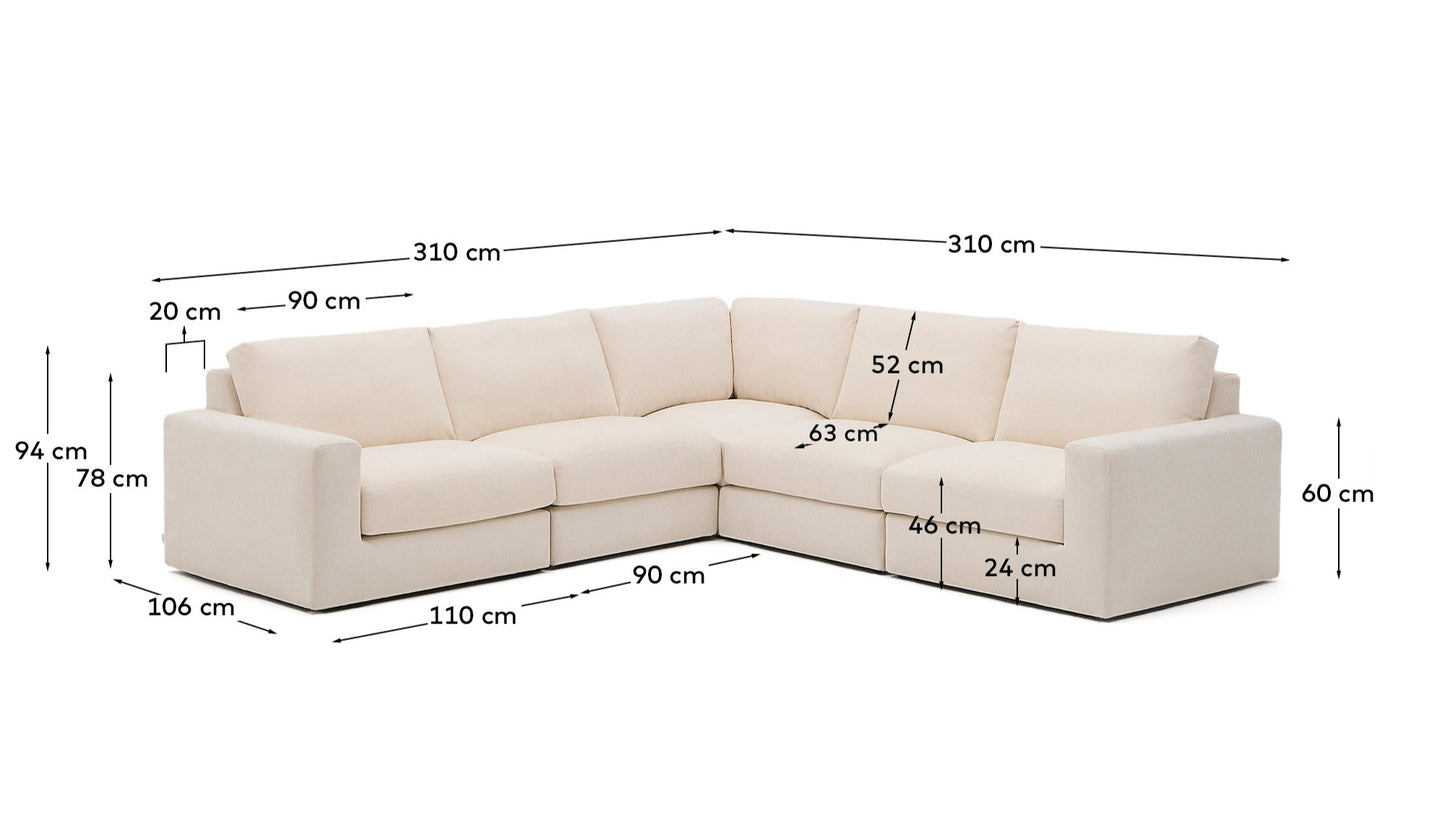 Divano angolare modulare Alea 5 posti sfoderabile in ciniglia ecrù 310 x 310 cm