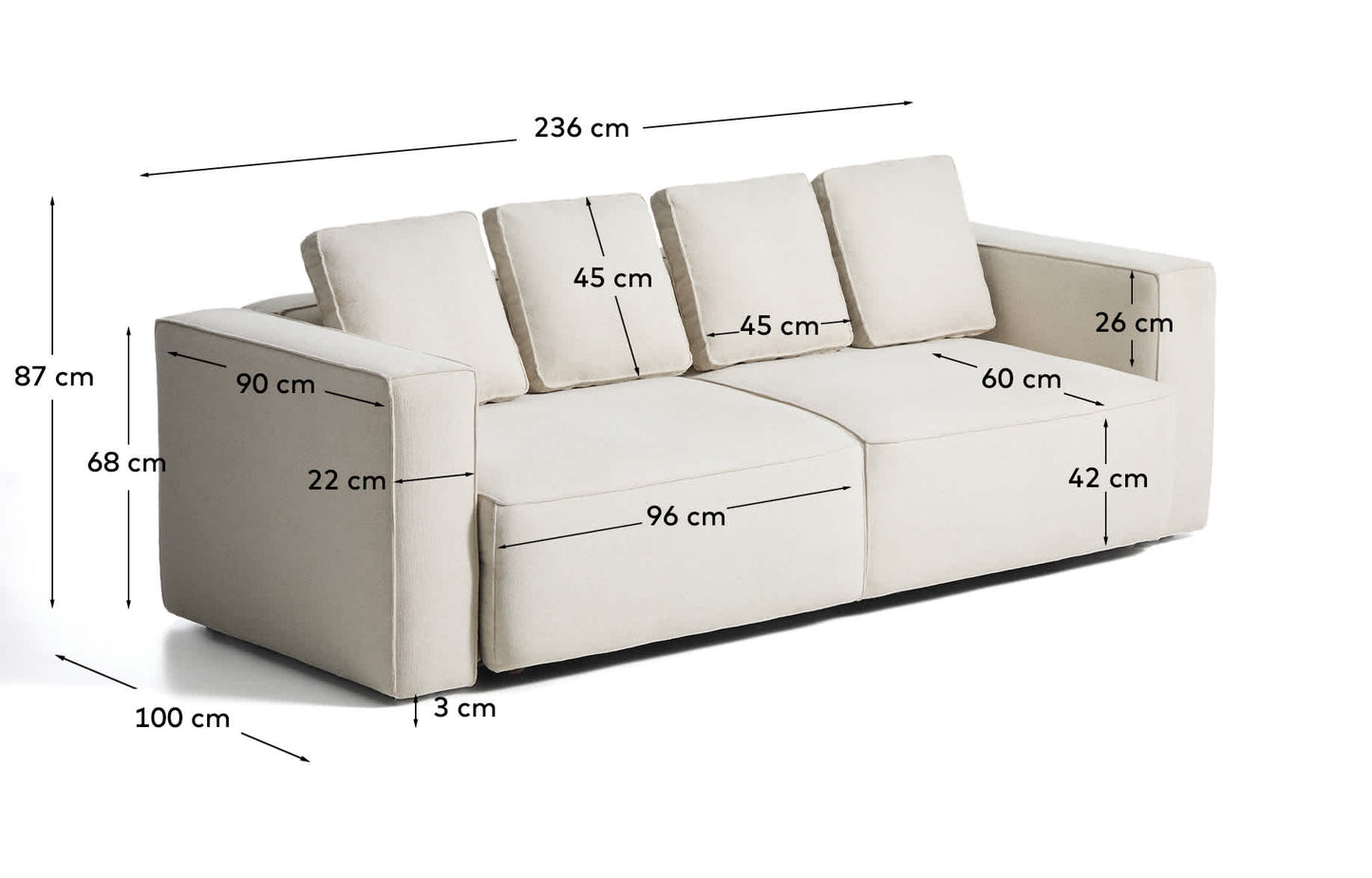 Divano letto Marela 3 posti in ciniglia beige 236 cm