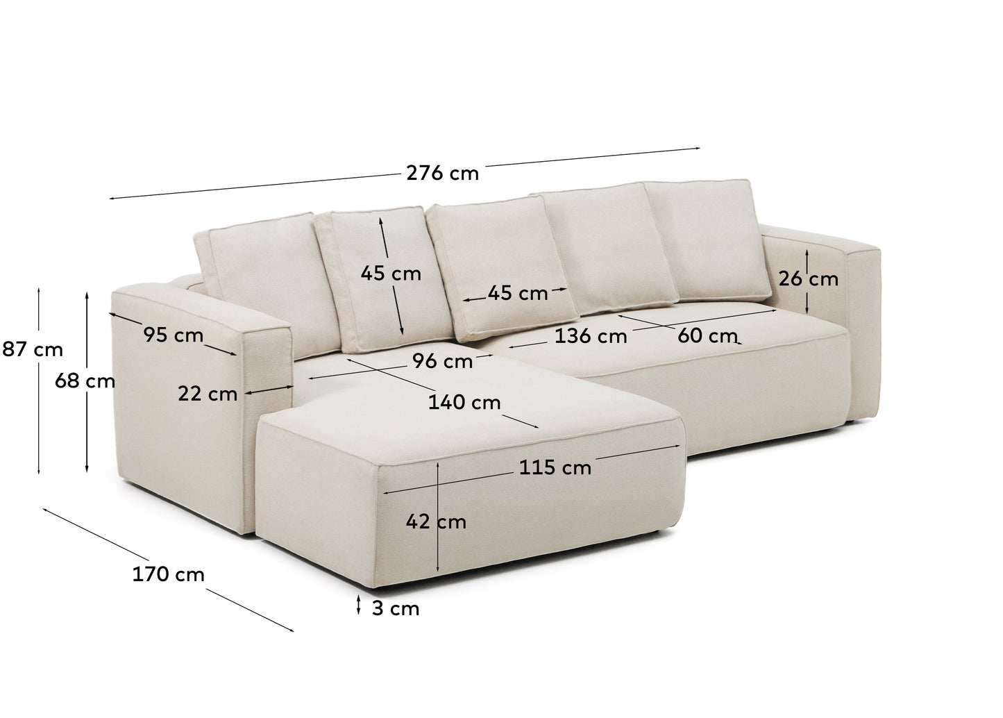 Divano letto Marela 3 posti con chaise longue sinistra in ciniglia beige 276 cm