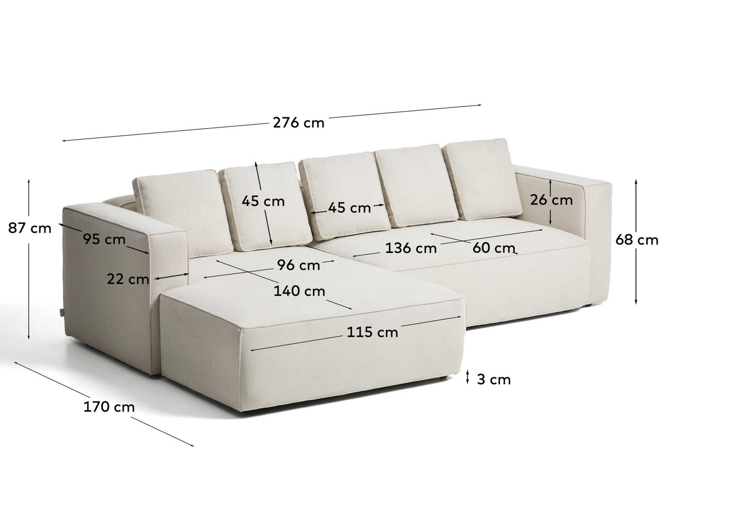Divano letto Marela 3 posti con chaise longue sinistra in ciniglia beige 276 cm