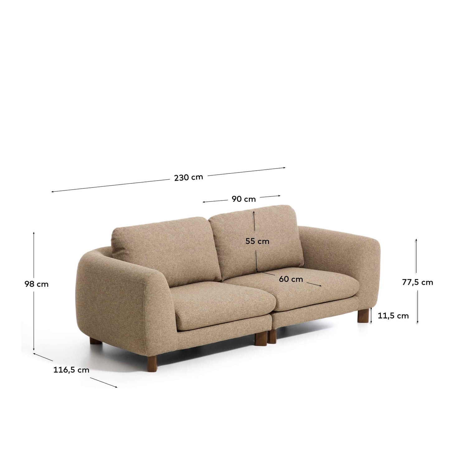 Divano Vera 3 posti marrone chiaro con gambe in legno massiccio di frassino con finitura in noce 230 cm FSC Mix Credit