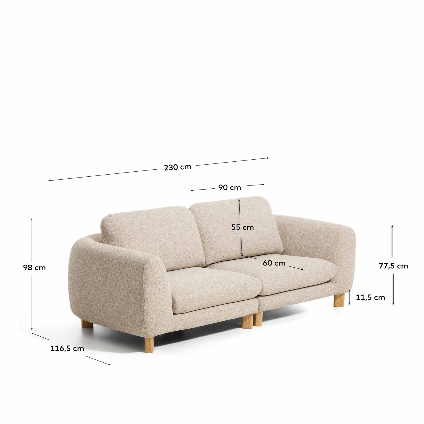 Divano Vera 3 posti beige con gambe in legno massiccio di frassino con finitura naturale 230 cm FSC Mix Credit