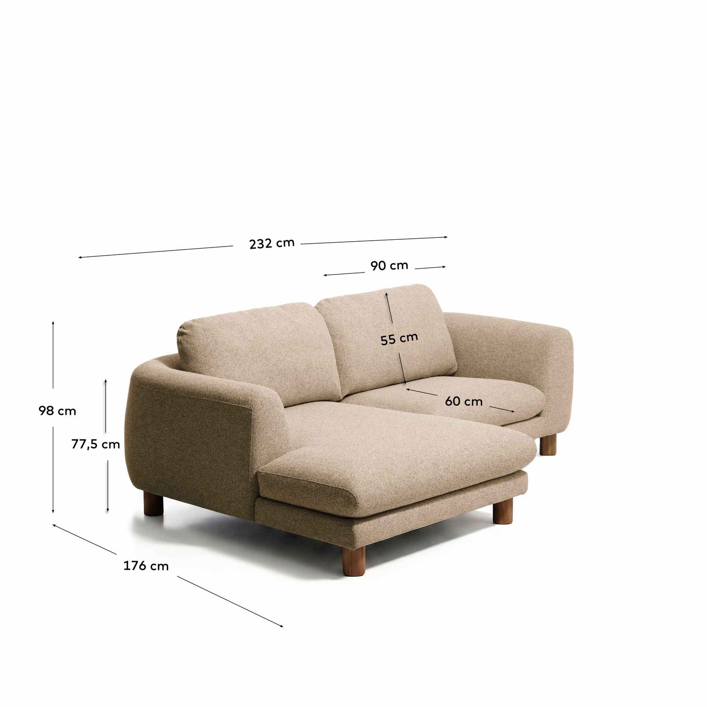 Divano Vera 3 posti con chaise longue sinistra marrone chiaro con gambe in legno massiccio di frassino con finitura in noce 232 cm FSC Mix Credit