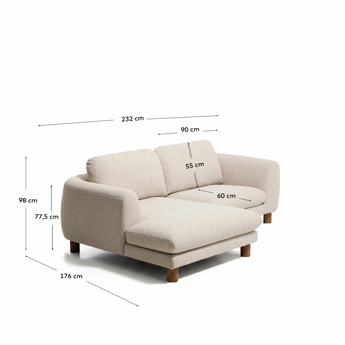 Divano Vera 3 posti con chaise longue sinistra beige con gambe in legno massiccio di frassino con finitura in noce 232 cm FSC Mix Credit