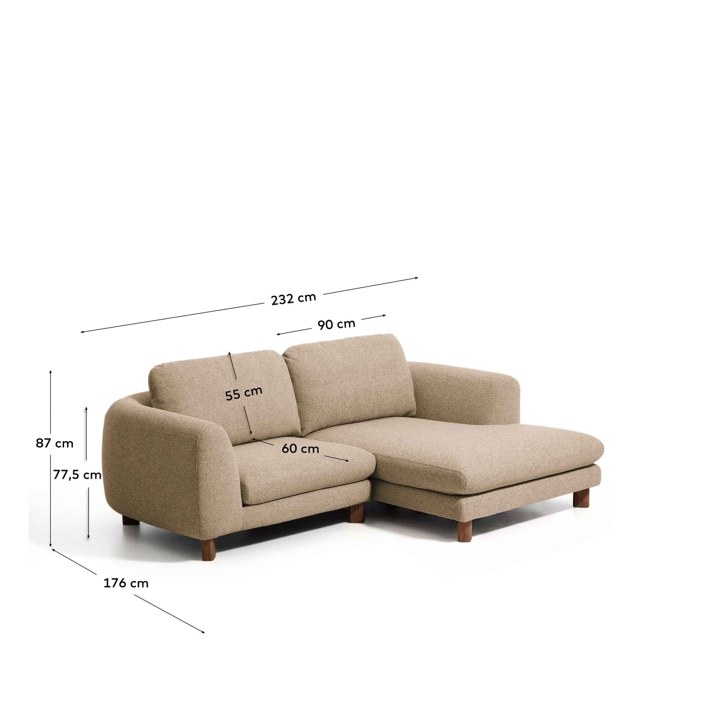 Divano Vera 3 posti con chaise longue destra marrone chiaro con gambe in legno massiccio di frassino con finitura in noce 232 cm FSC Mix Credit