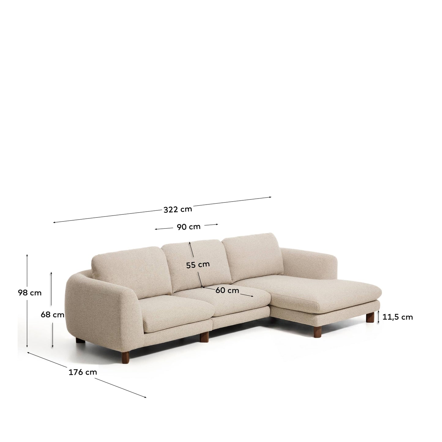 Divano Vera 4 posti con chaise longue destra beige con gambe in legno massiccio di frassino con finitura in noce 322 cm FSC Mix Credit