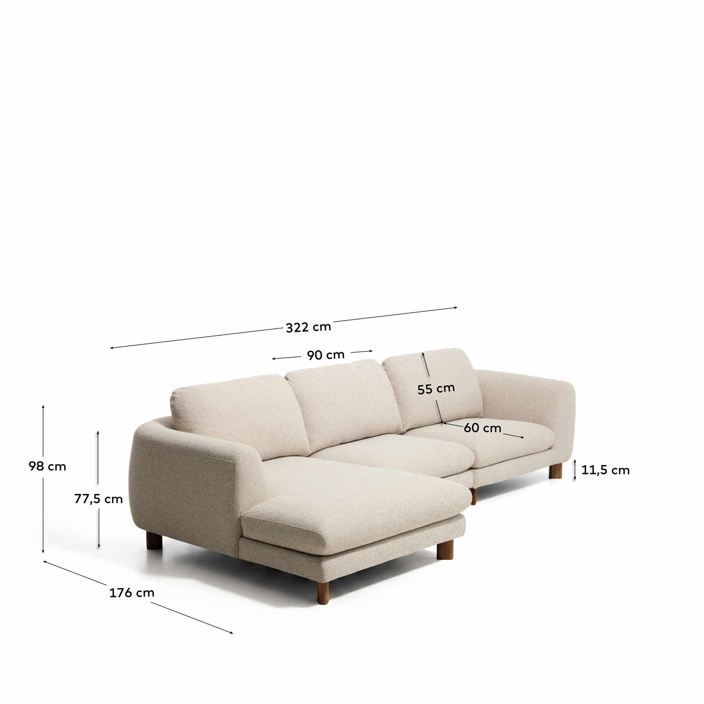 Divano Vera 4 posti con chaise longue sinistra beige con gambe in legno massiccio di frassino finitura in noce 322 cm FSC Mix Credit