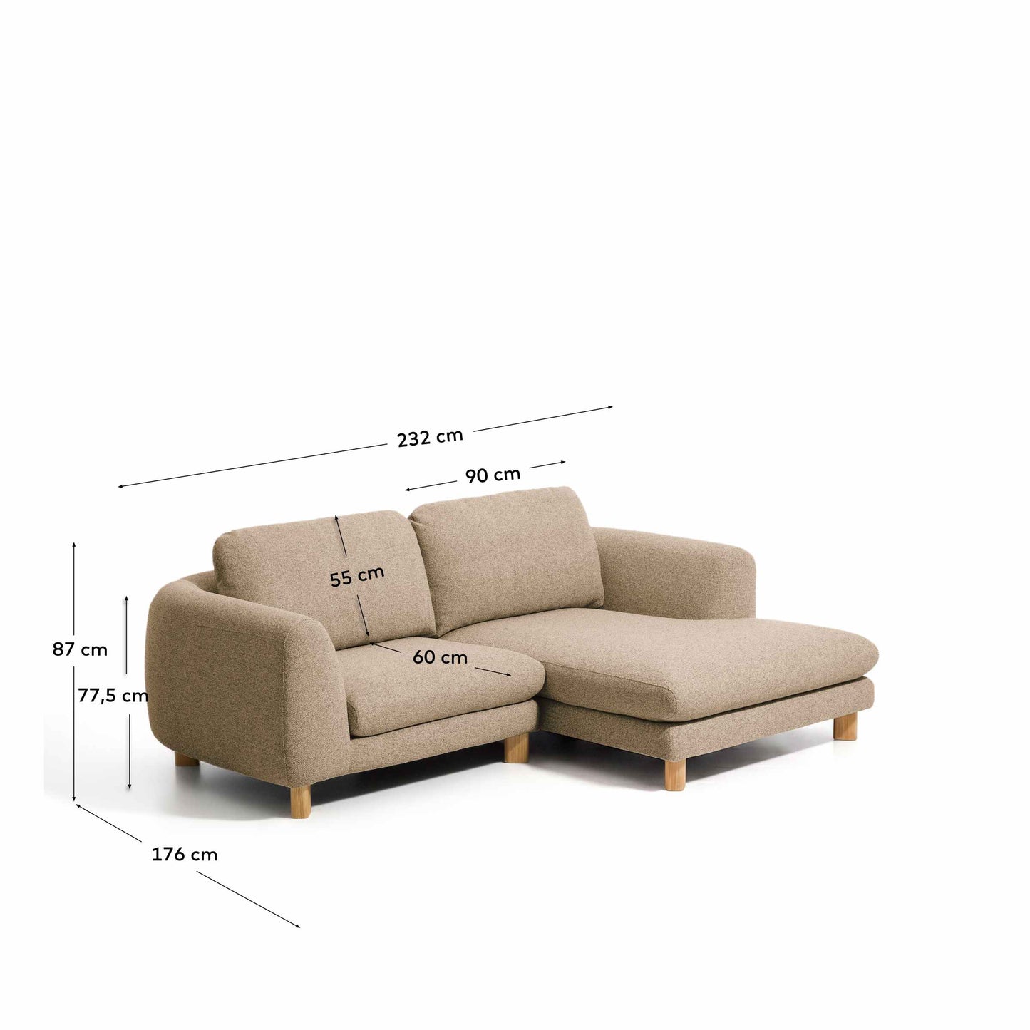 Divano Vera 3 posti con chaise longue destra marrone chiaro con gambe in legno massiccio di frassino con finitura naturale 232 cm FSC Mix Credit