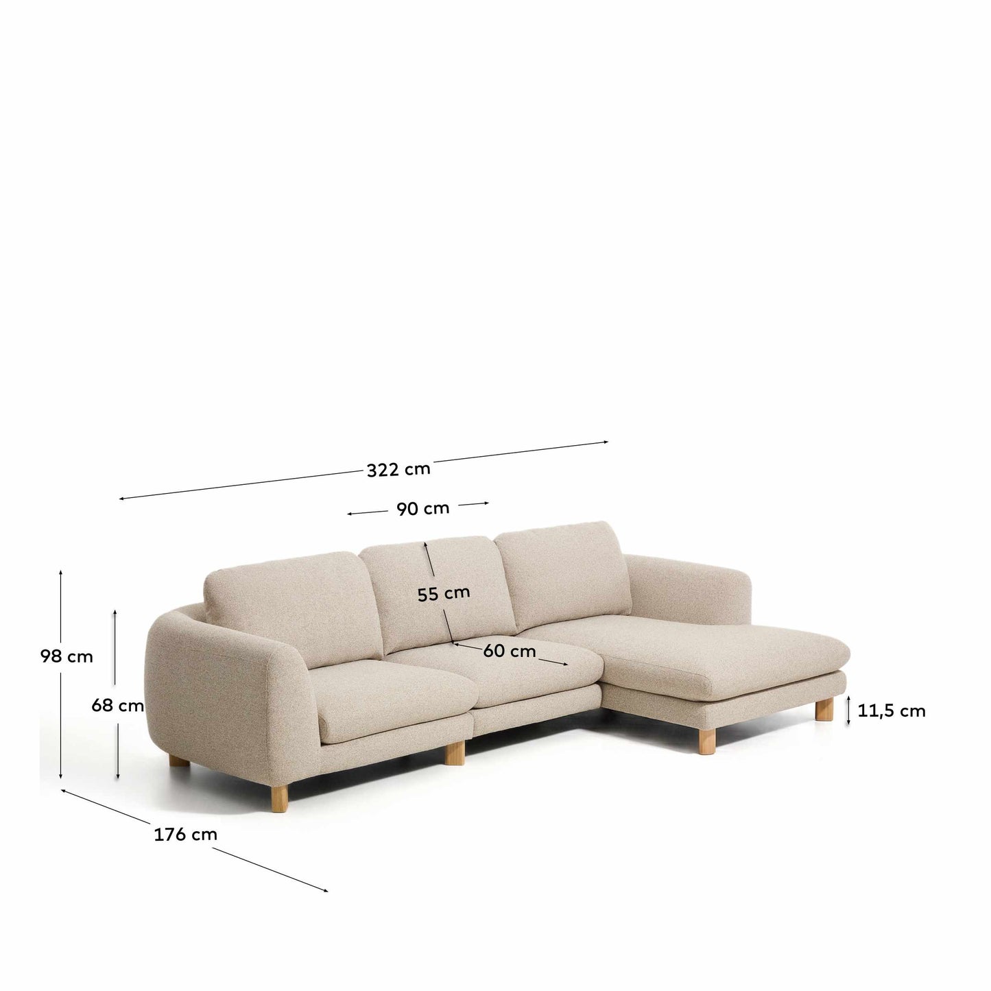 Divano Vera 4 posti con chaise longue destra beige con gambe in legno massiccio di frassino con finitura naturale 322 cm FSC Mix Credit