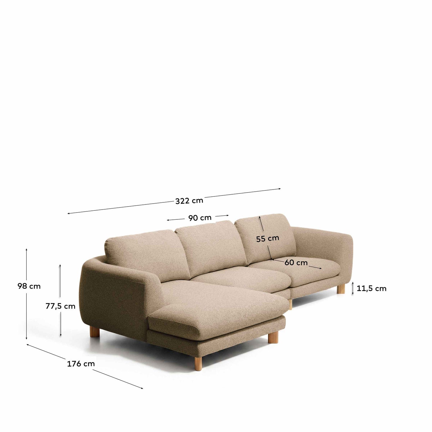 Divano Vera 4 posti con chaise longue sinistra marrone chiaro con gambe in legno massiccio di frassino con finitura naturale 322 cm FSC Mix Credit