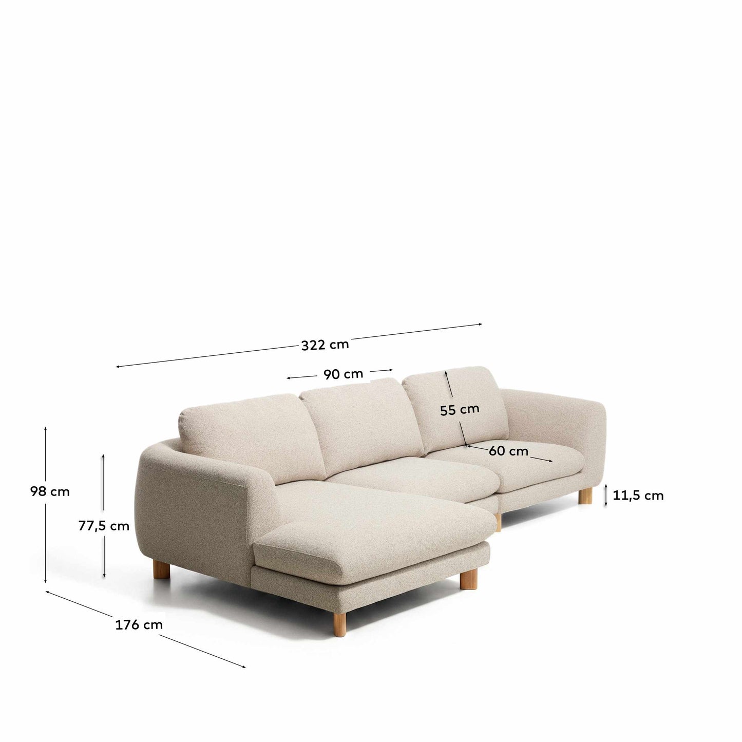 Divano Vera 4 posti con chaise longue sinistra beige con gambe in legno massiccio di frassino con finitura naturale 322 cm  FSC Mix Credit
