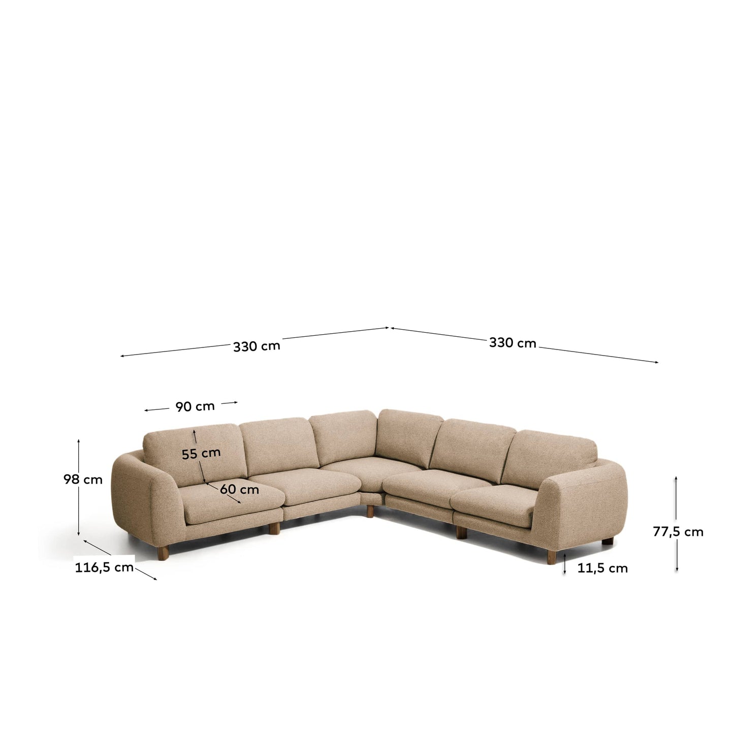 Divano ad angolo Vera 5 posti marrone chiaro con gambe in legno massiccio di frassino finitura in noce 330 X 330 cm FSC Mix Credit