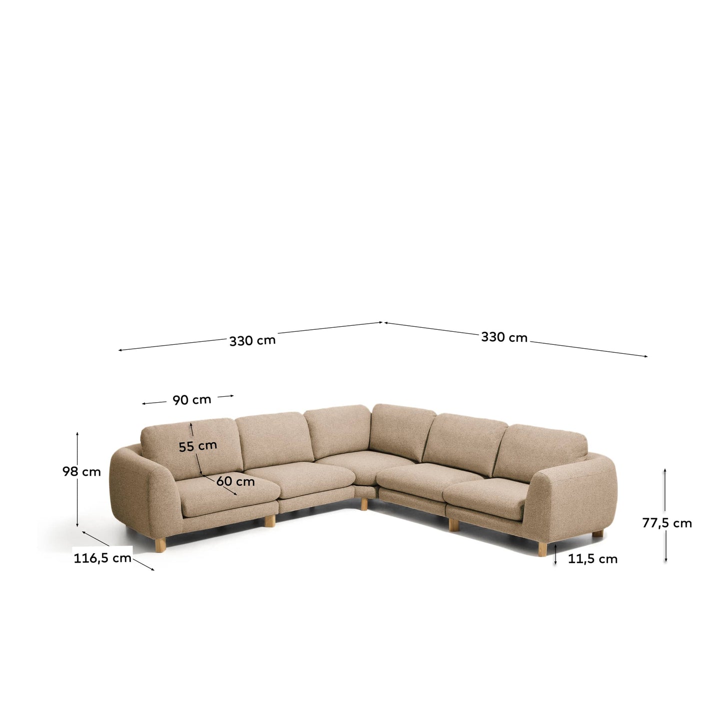 Divano ad angolo Vera 5 posti marrone chiaro con gambe in legno massiccio di frassino con finitura naturale 330 x 330 cm FSC Mix Credit