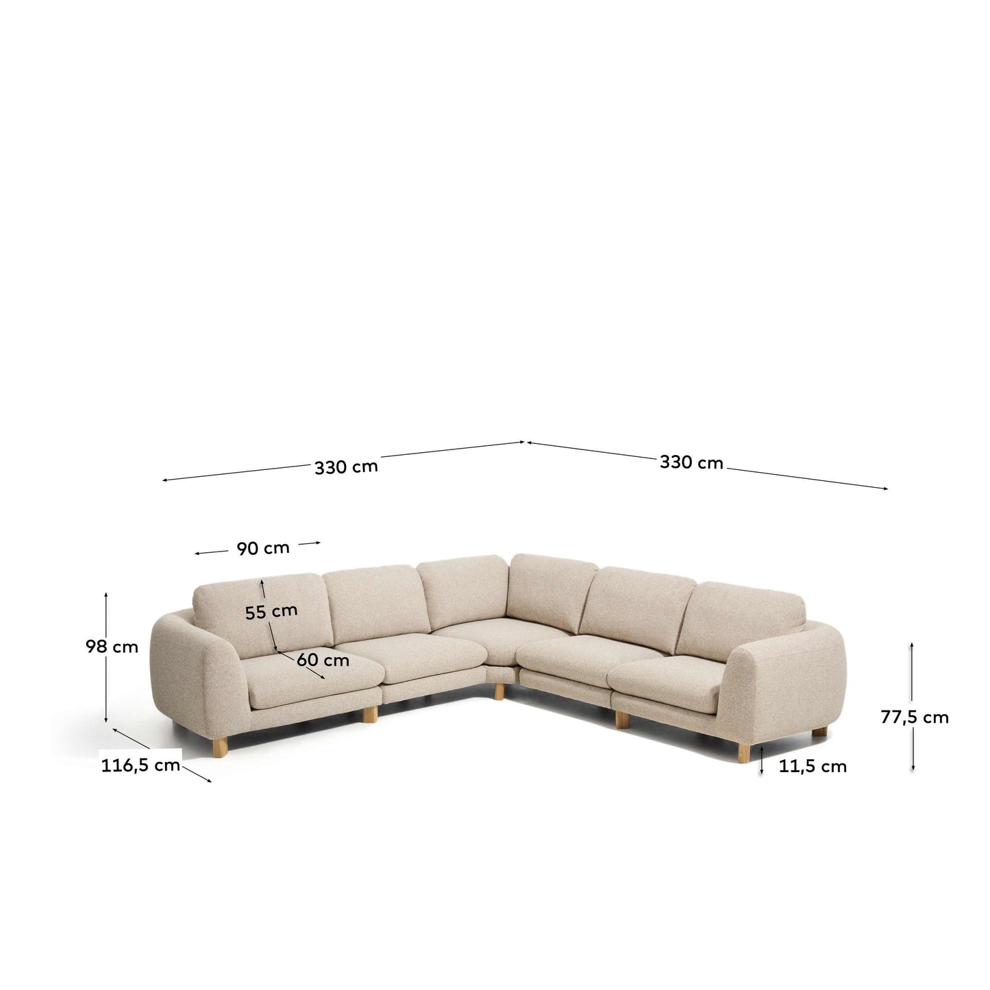 Divano ad angolo Vera 5 posti beige con gambe in legno massiccio di frassino con finitura naturale 330 x 330 cm FSC Mix Credit