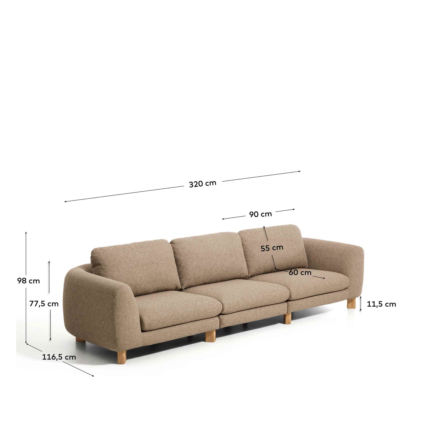 Divano Vera 4 posti marrone chiaro con gambe in legno massiccio di frassino con finitura naturale 320 cm FSC Mix Credit