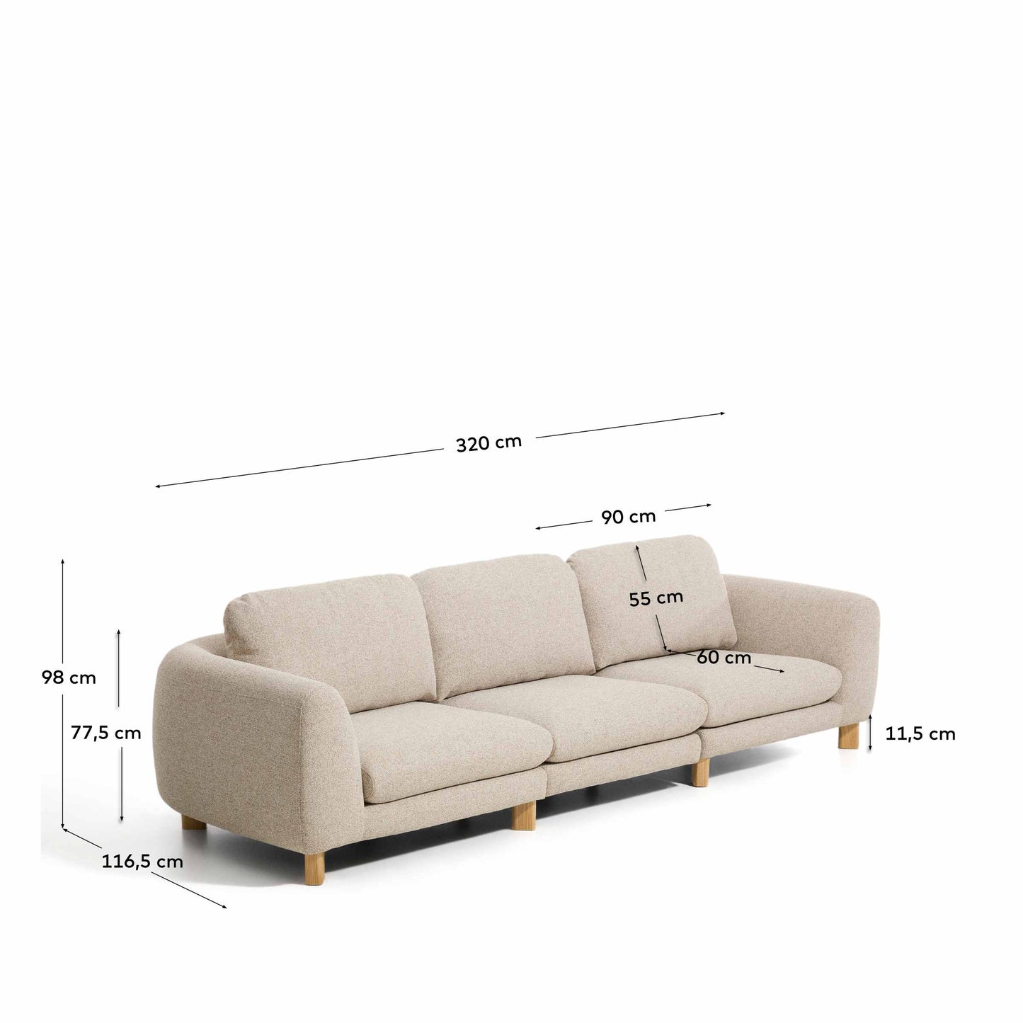 Divano Vera 4 posti beige con gambe in legno massiccio di frassino con finitura naturale 320 cm FSC Mix Credit