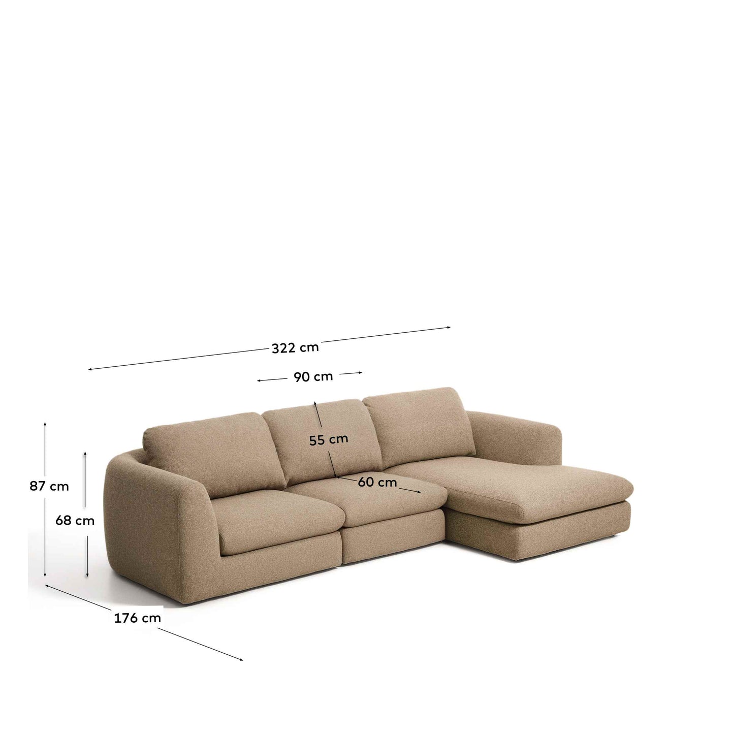 Divano Vera 4 posti con chaise longue destra marrone chiaro 322 cm FSC Mix Credit