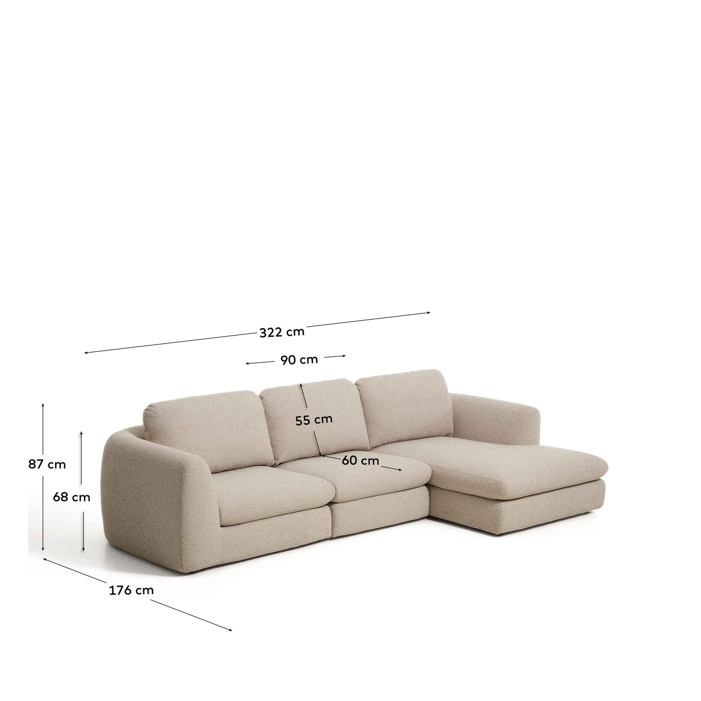 Divano Vera 4 posti con chaise longue destra beige 322 cm FSC Mix Credit