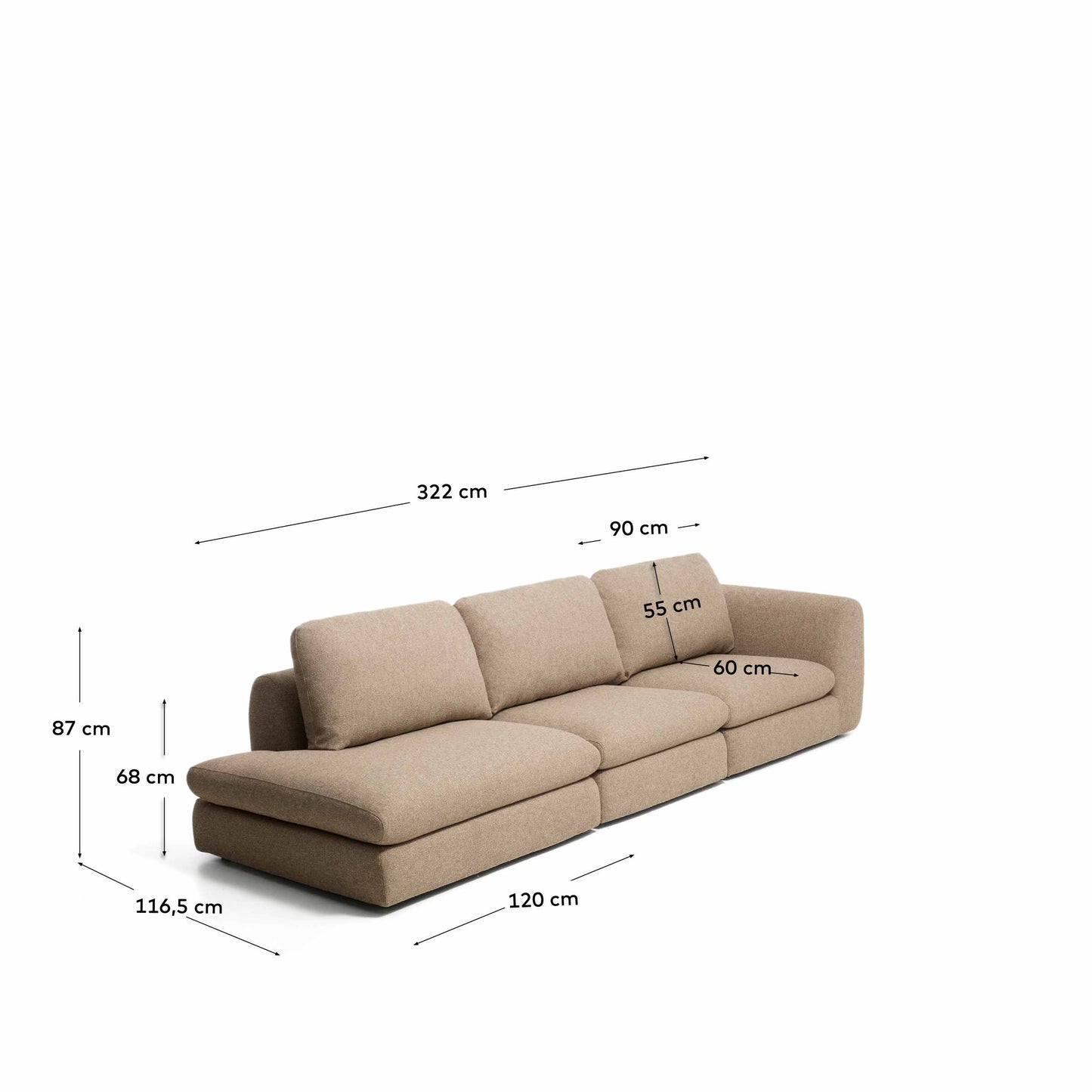 Divano Vera 4 posti con terminale sinistro marrone chiaro 325 cm FSC Mix Credit
