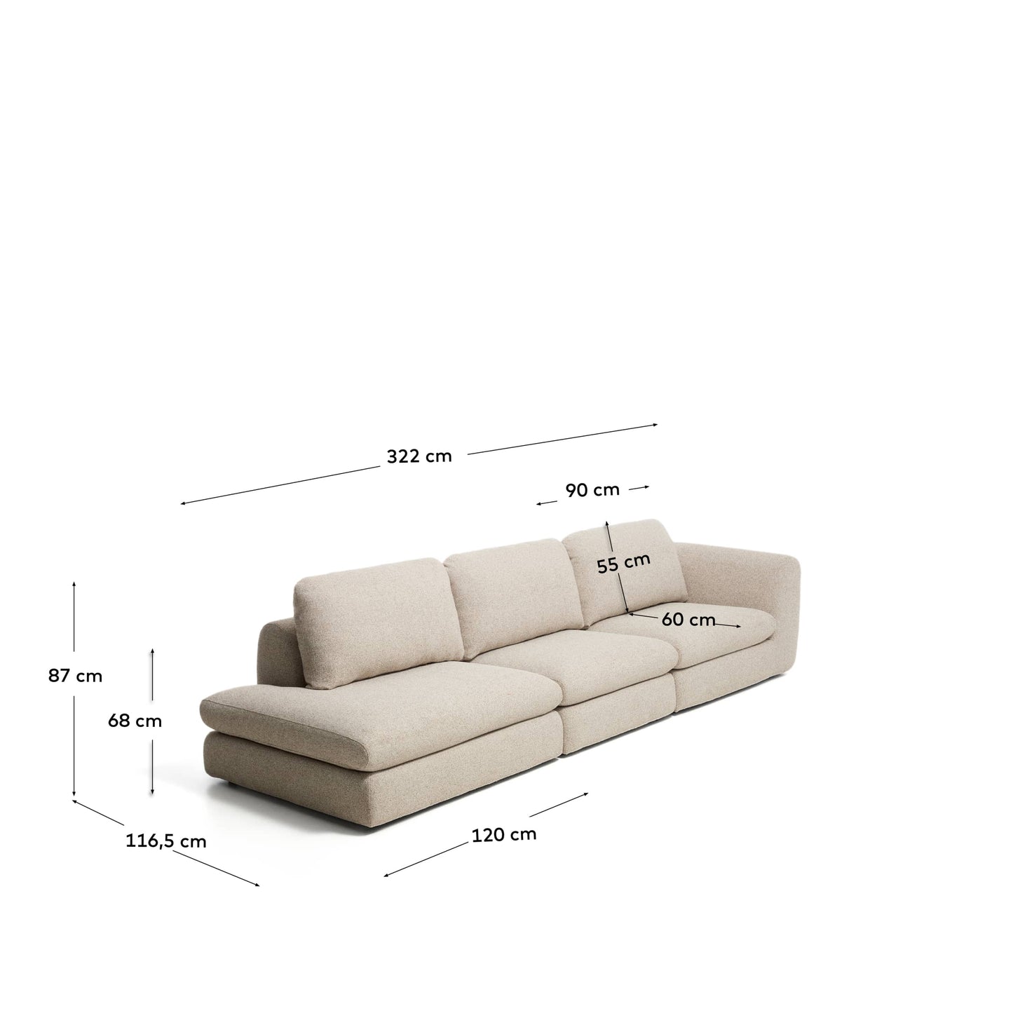 Divano Vera 4 posti con terminale sinistro beige 325 cm FSC Mix Credit