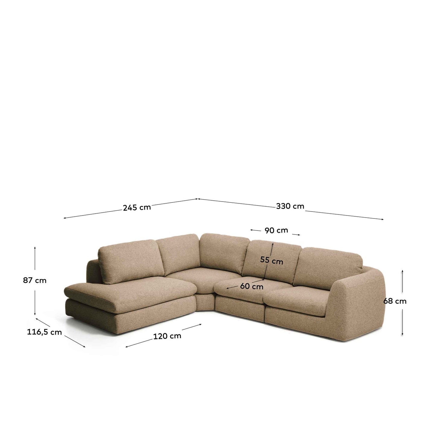 Divano ad angolo Vera 5 posti con elemento terminale sinistro marrone chiaro 245 X 330 cm FSC Mix Credit