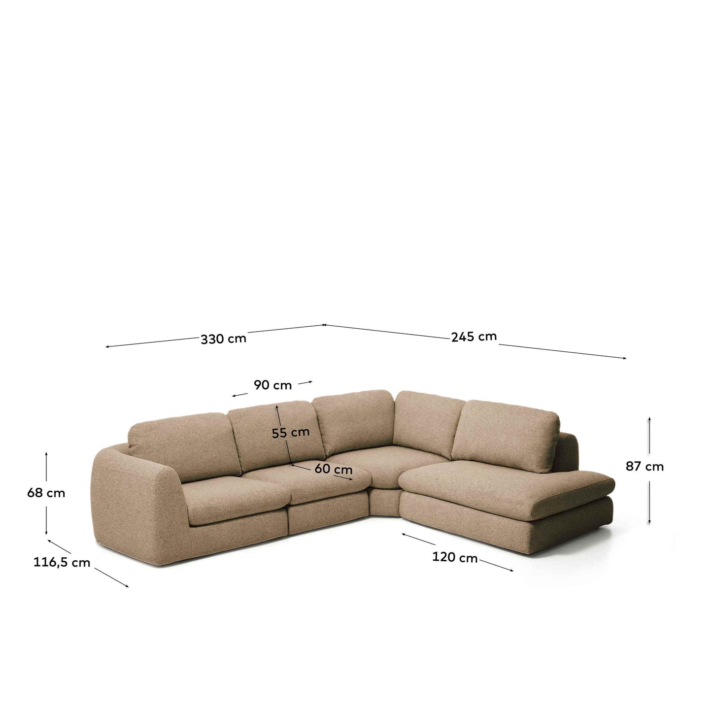 Divano ad angolo Vera 5 posti con elemento terminale destro marrone chiaro 330 x 245 cm FSC Mix Credit